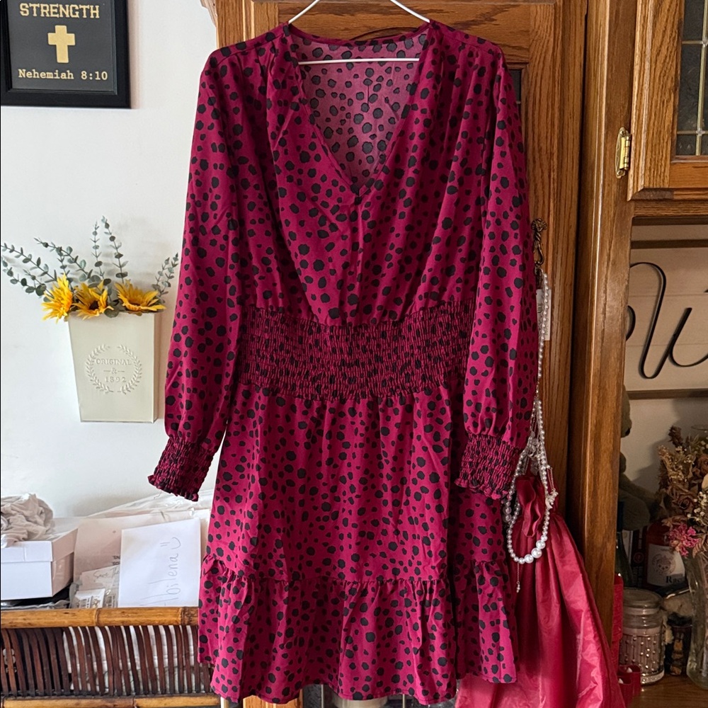 SHEIN Burgundy Polka Dot Long Sleeve Dress